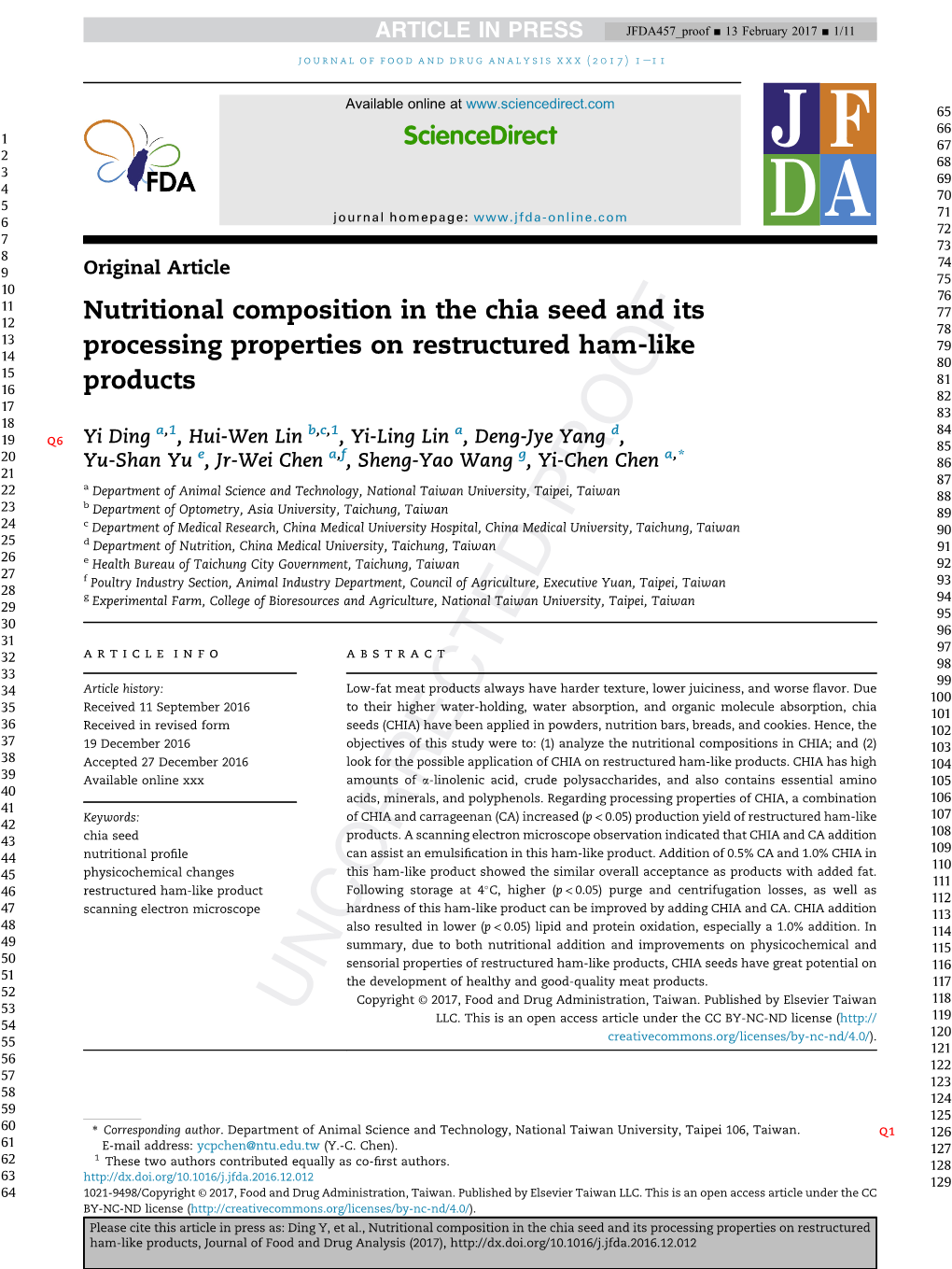 Nutritional Composition in the Chia Seed and Its Processing Properties on Restructured Ham-Like Products