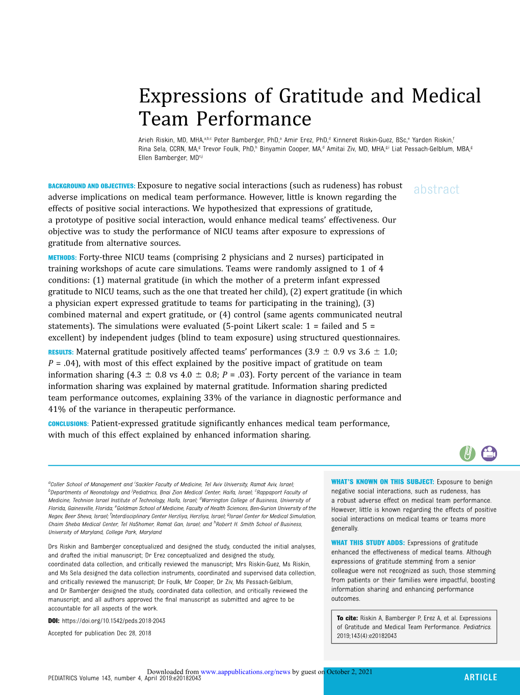 Expressions of Gratitude and Medical Team Performance