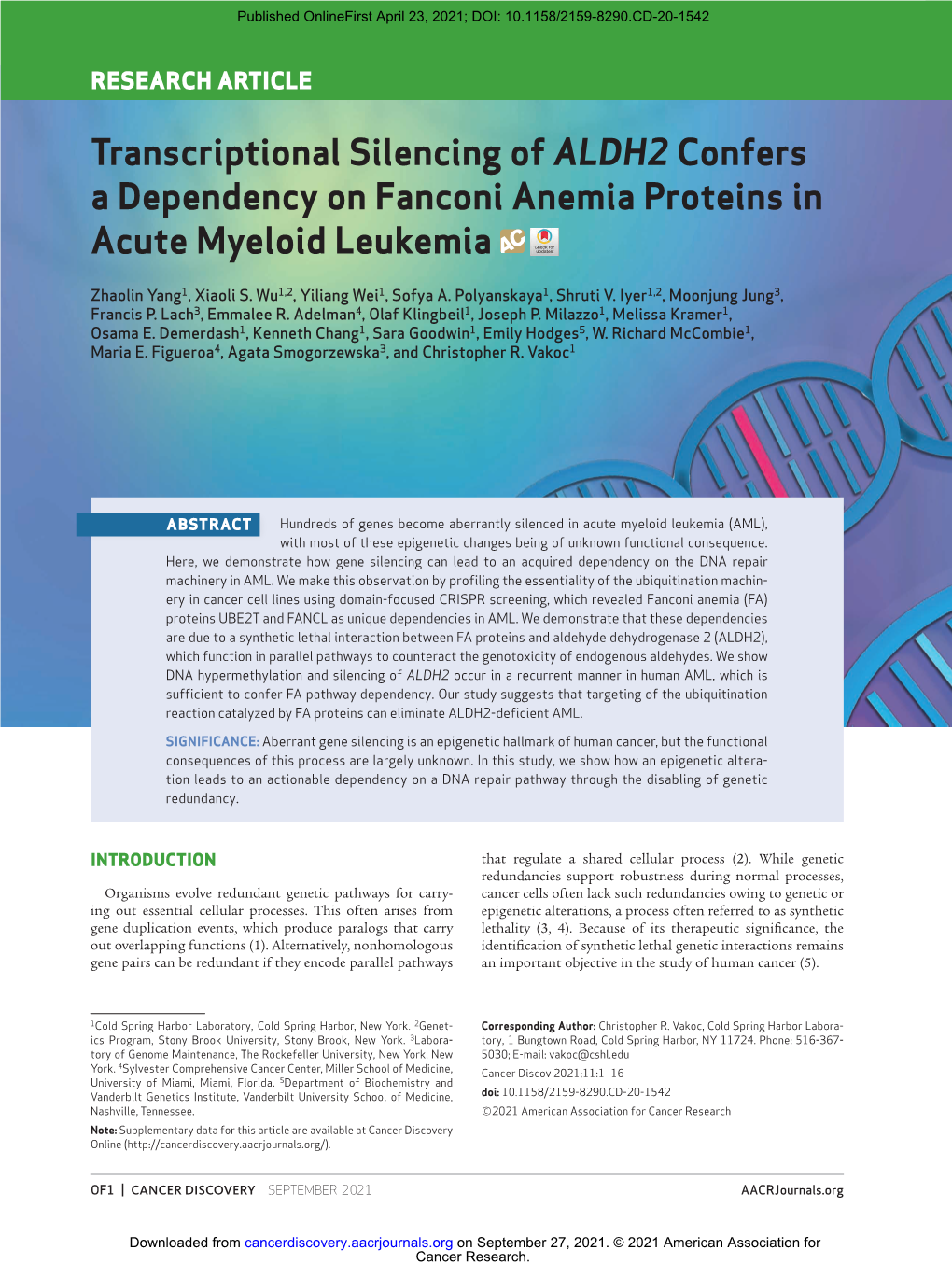 Transcriptional Silencing of ALDH2 Confers a Dependency on Fanconi Anemia Proteins in Acute Myeloid Leukemia