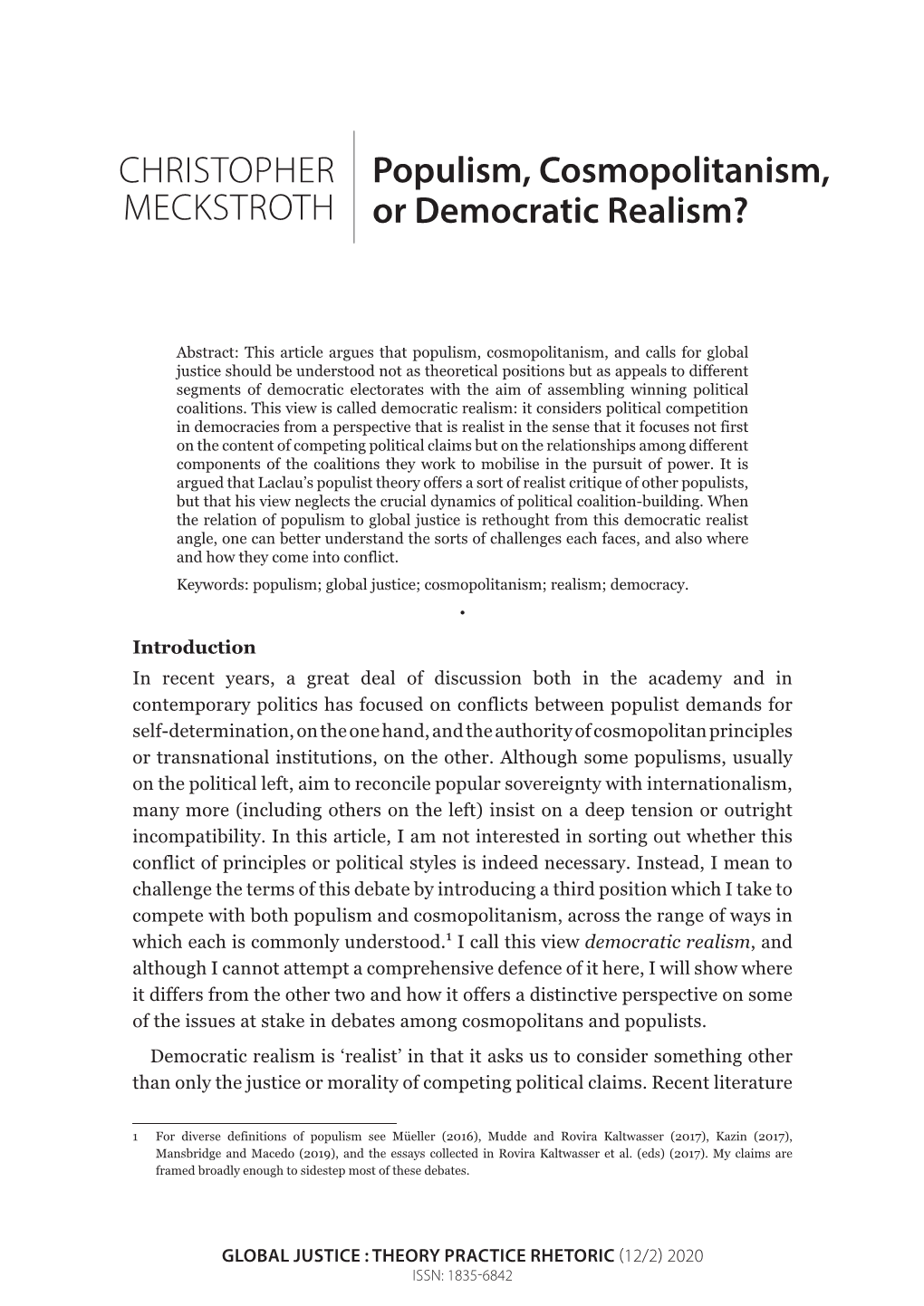 Populism, Cosmopolitanism, Or Democratic Realism? 96