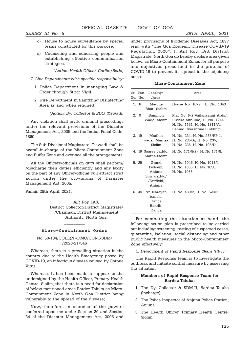 OFFICIAL GAZETTE — GOVT. of GOA SERIES III No. 5 29TH APRIL
