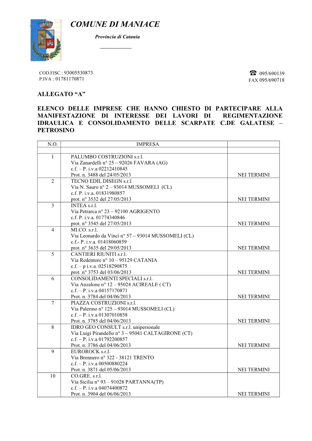 COMUNE DI MANIACE Provincia Di Catania ______