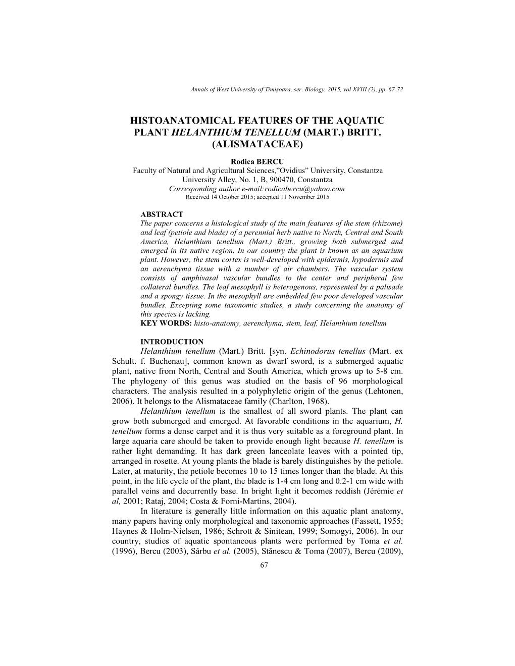 Histoanatomical Features of the Aquatic Plant Helanthium Tenellum (Mart.) Britt