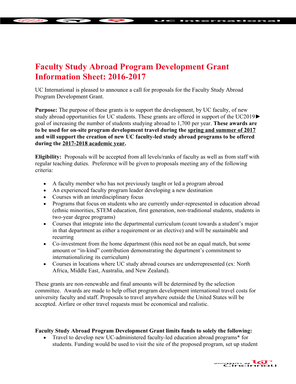 Faculty Study Abroad Program Development Grant Information Sheet: 2016-2017