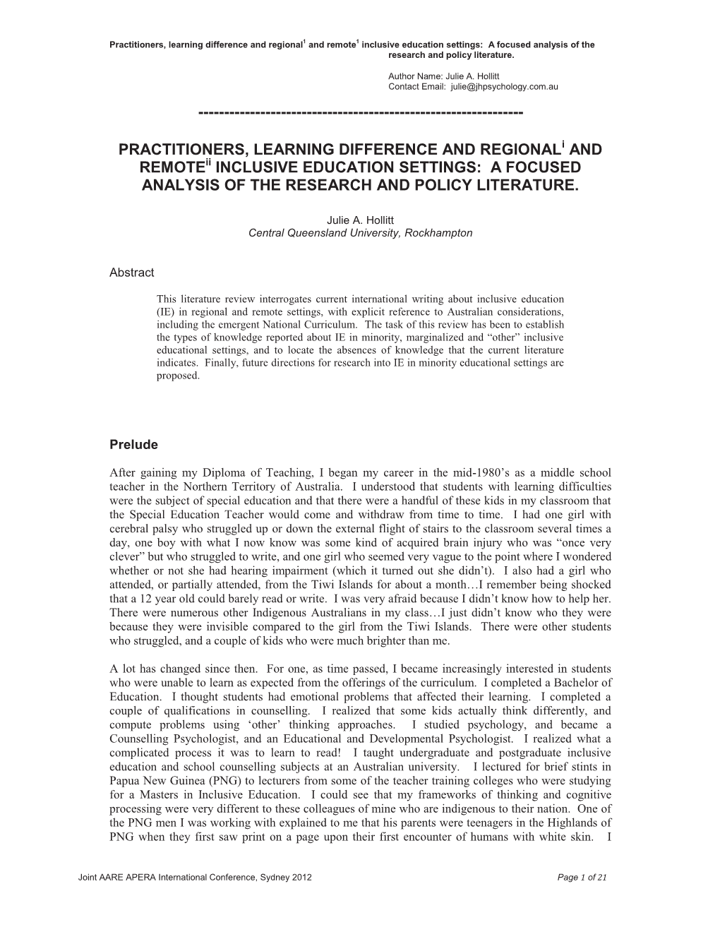 Practitioners, Learning Difference and Regional1 and Remote1 Inclusive Education Settings: a Focused Analysis of the Research and Policy Literature