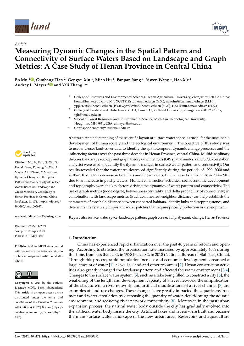 Measuring Dynamic Changes in the Spatial Pattern and Connectivity of Surface Waters Based on Landscape and Graph Metrics