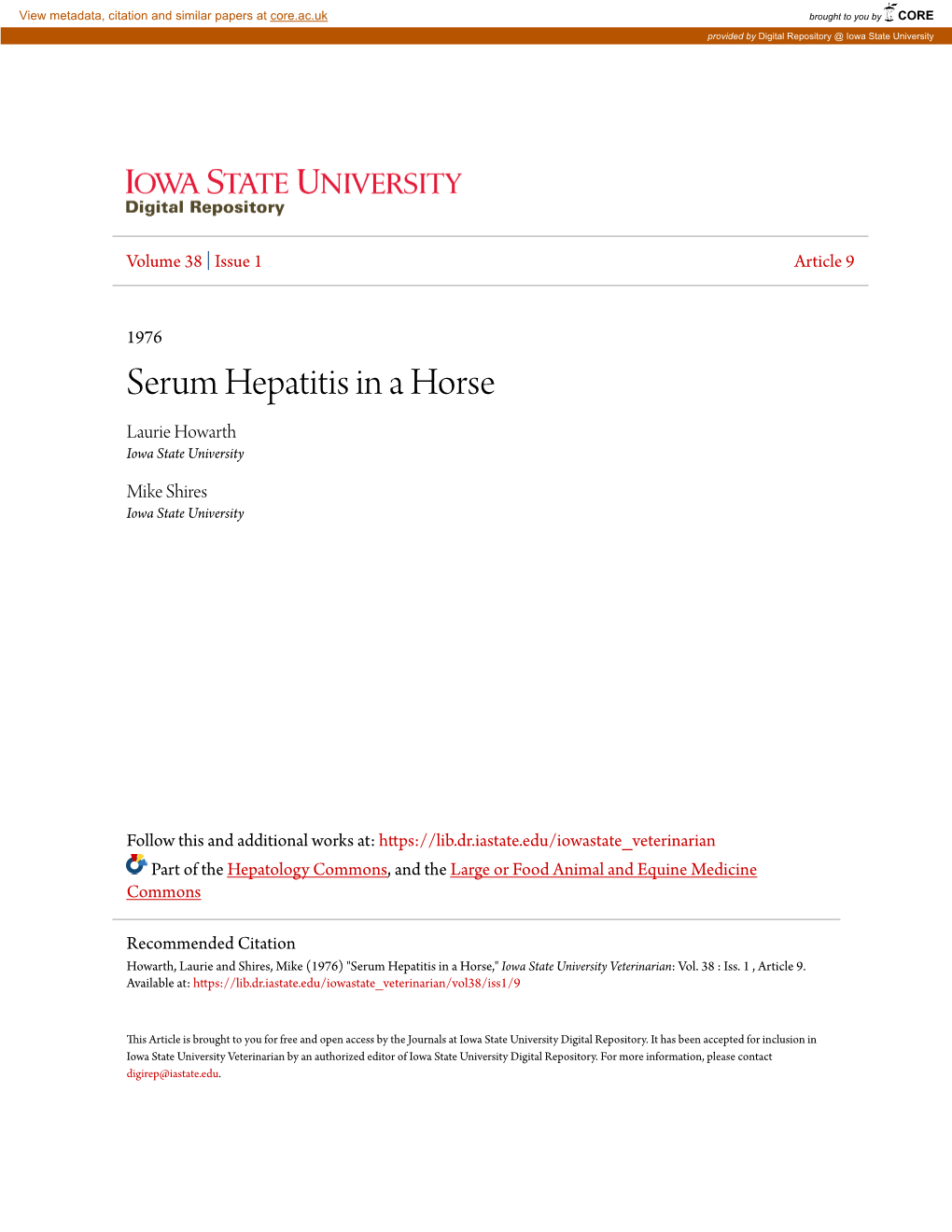 Serum Hepatitis in a Horse Laurie Howarth Iowa State University