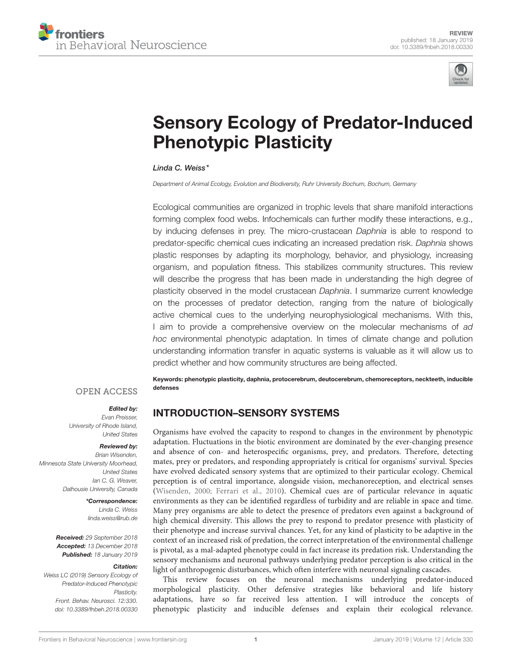 Sensory Ecology of Predator-Induced Phenotypic Plasticity