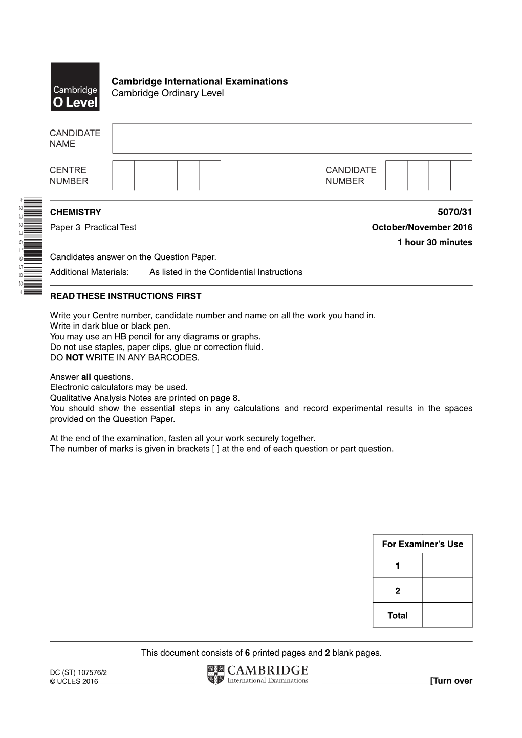 Cambridge International Examinations Cambridge Ordinary Level 5070/31