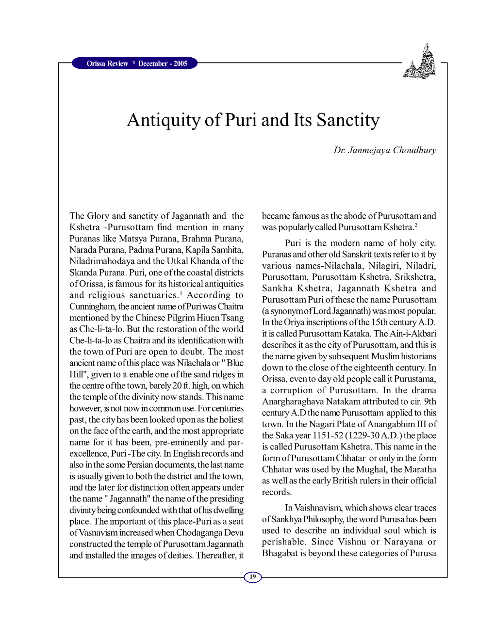 Antiquity of Puri and Its Sanctity