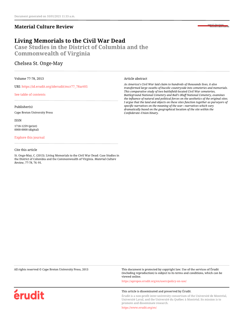 Living Memorials to the Civil War Dead Case Studies in the District of Columbia and the Commonwealth of Virginia Chelsea St