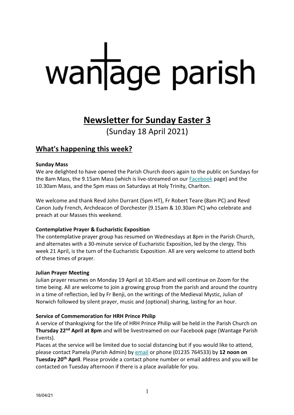 Newsletter for Sunday Easter 3 (Sunday 18 April 2021)