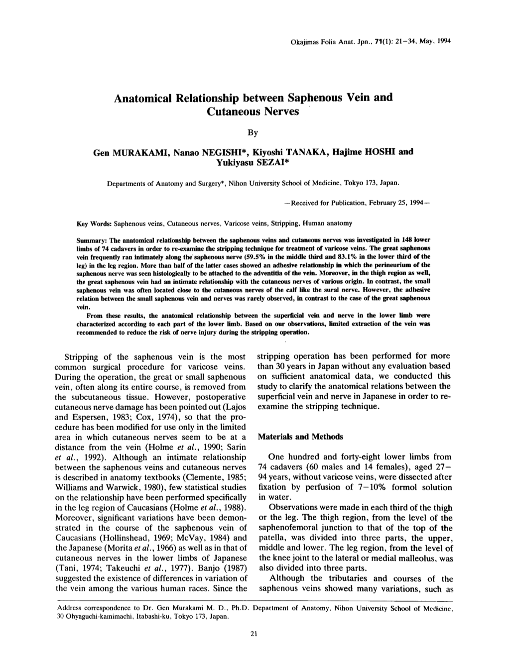 Anatomical Relationship Between Saphenous Vein and Cutaneous Nerves