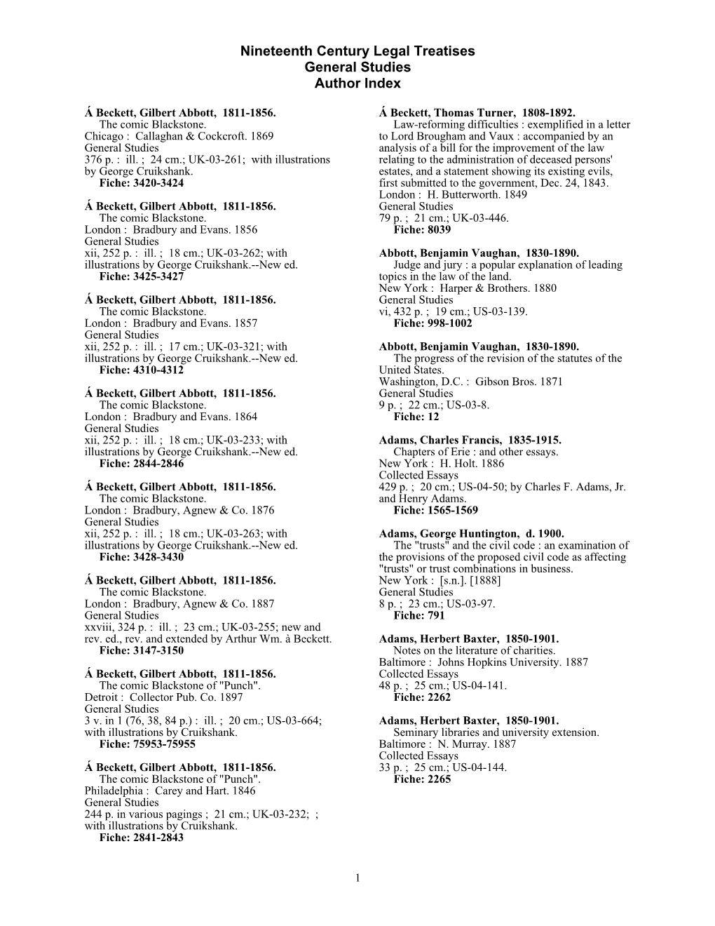 Nineteenth Century Legal Treatises General Studies Author Index