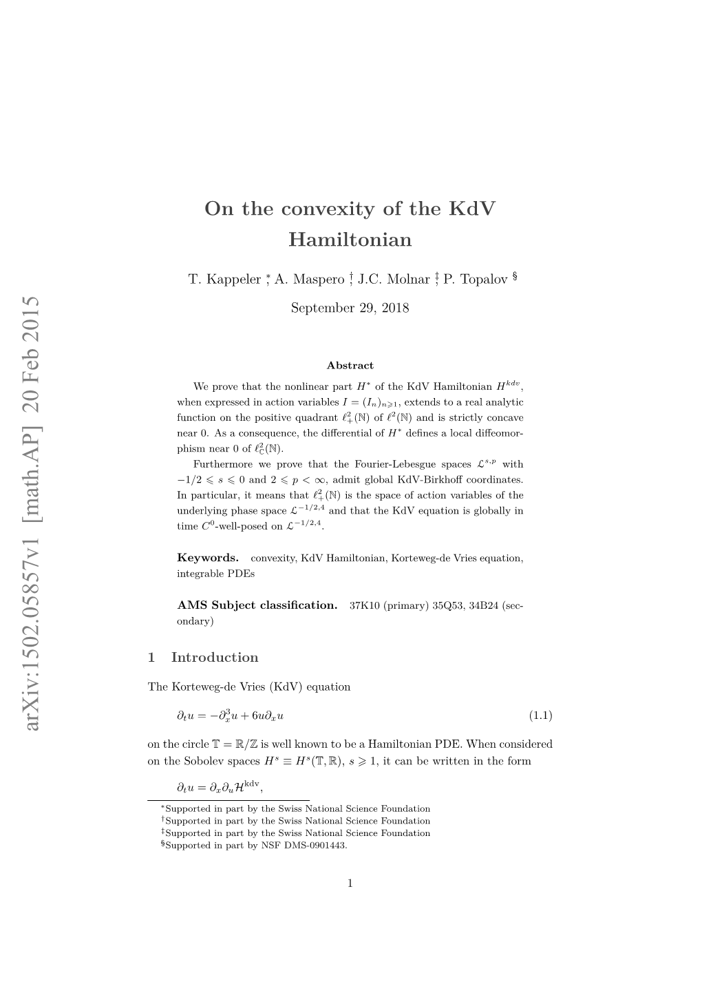 Arxiv:1502.05857V1 [Math.AP] 20 Feb 2015 on the Circle T = R/Z Is Well Known to Be a Hamiltonian PDE