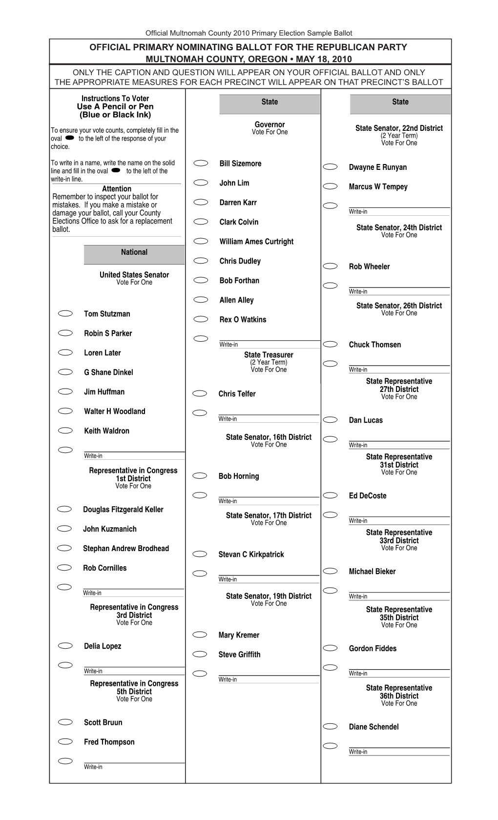 Official Primary Nominating Ballot for the Republican Party Multnomah County, OR - May 18, 2010