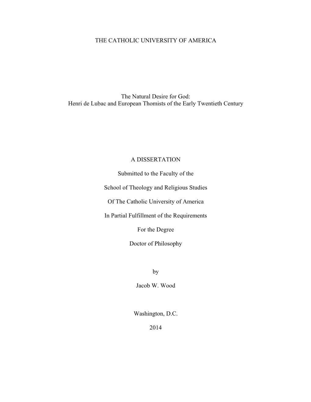 The Natural Desire for God: Henri De Lubac and European Thomists of the Early Twentieth Century