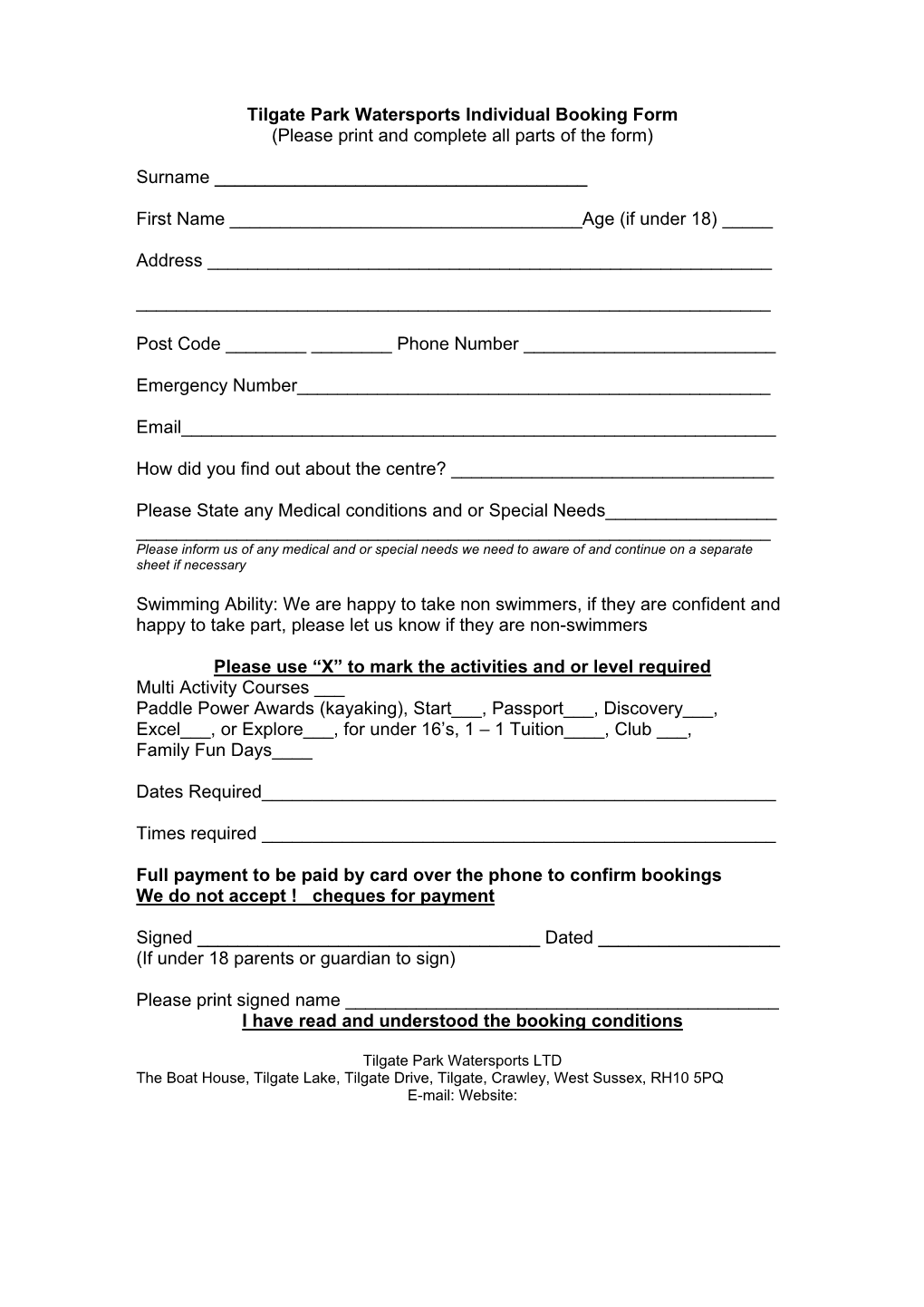 Tilgate Park Watersports Individual Booking Form (Please Print and Complete All Parts of the Form)