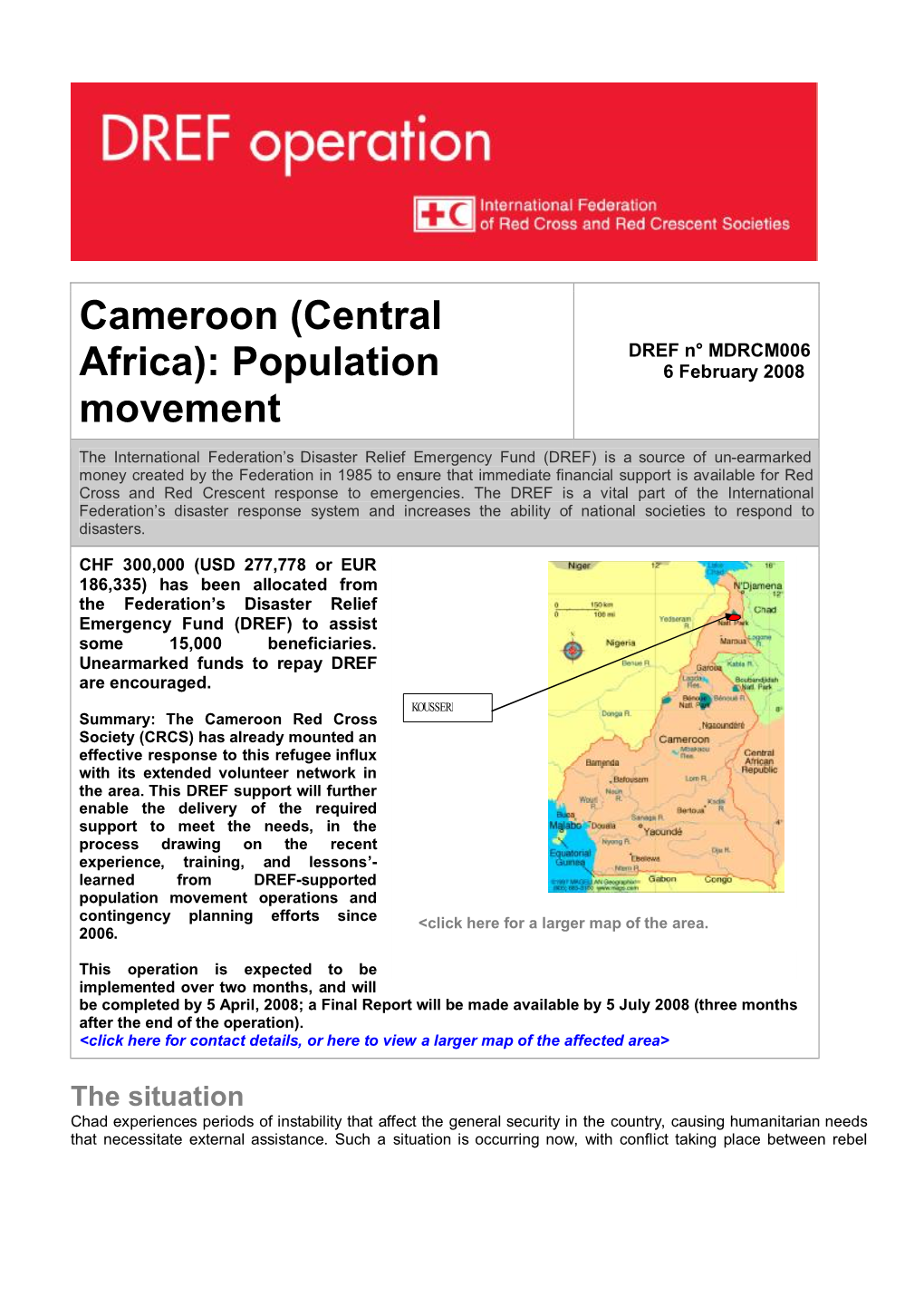Cameroon (Central DREF N° MDRCM006 Africa): Population 6 February 2008 Movement