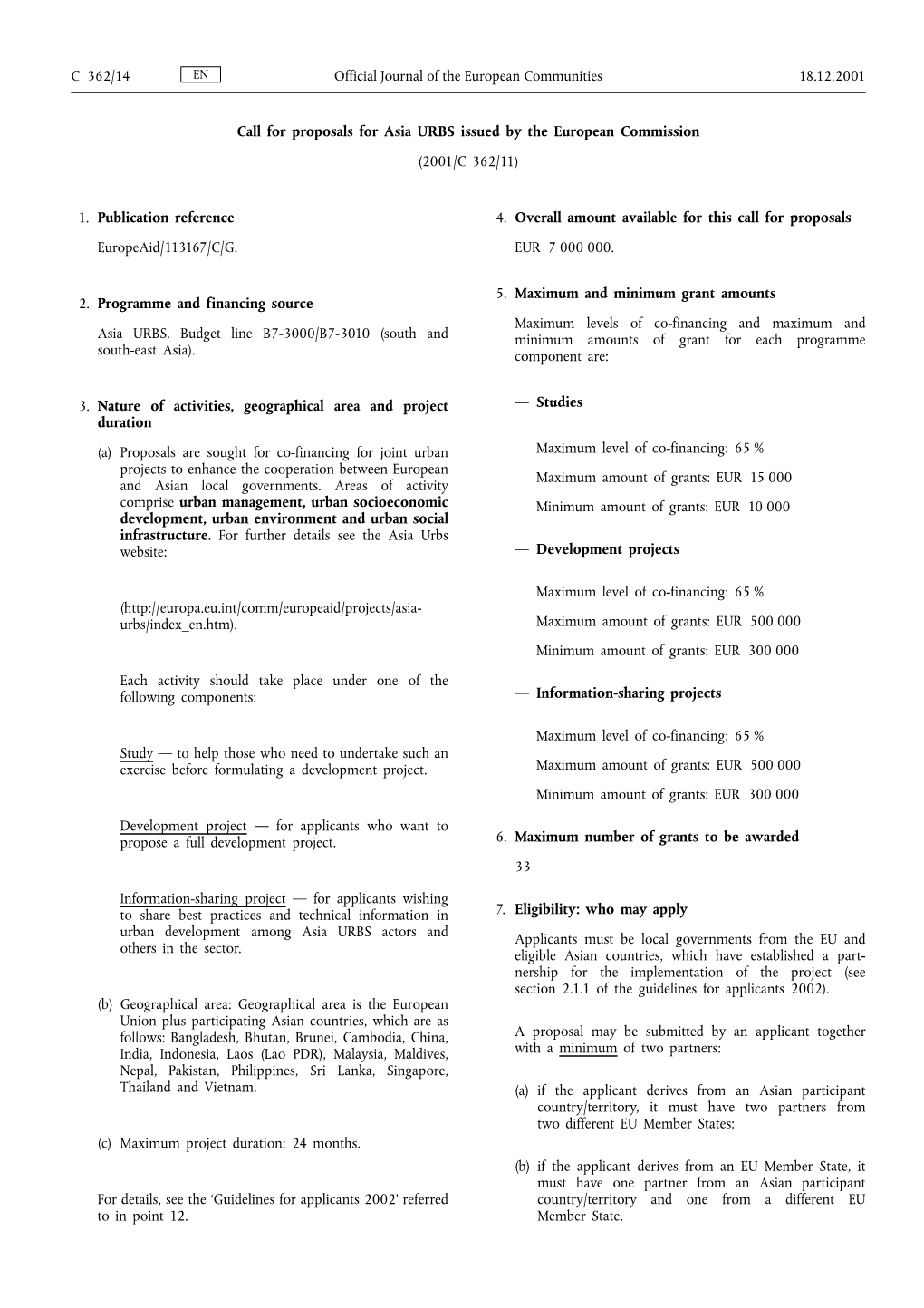 Official Journal C 362, 18/12/2001, P. 14