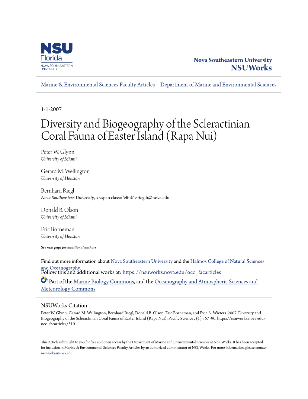 Diversity and Biogeography of the Scleractinian Coral Fauna of Easter Island (Rapa Nui) Peter W