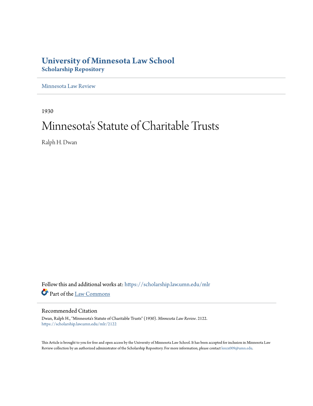 Minnesota's Statute of Charitable Trusts Ralph H