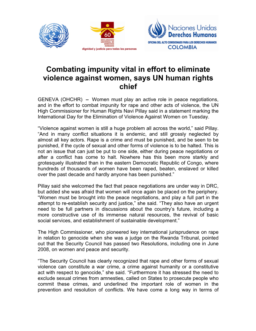 Combating Impunity Vital in Effort to Eliminate Violence Against Women, Says UN Human Rights Chief