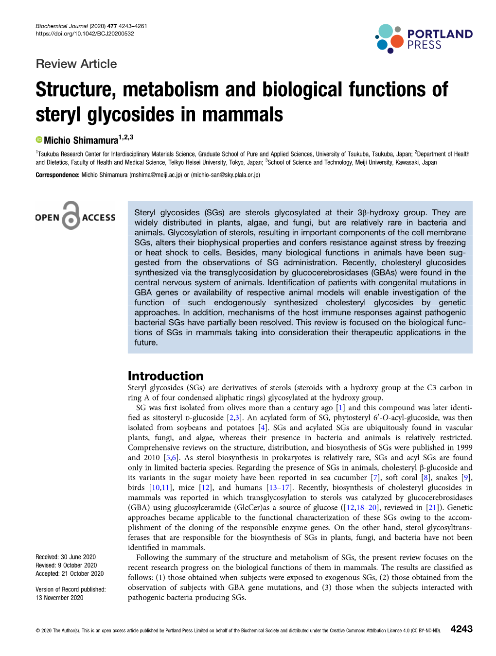 Structure, Metabolism and Biological Functions of Steryl Glycosides in Mammals
