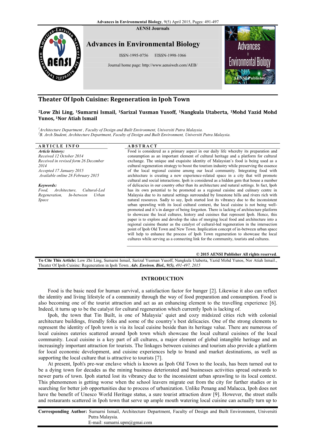 Advances in Environmental Biology, 9(5) April 2015, Pages: 491-497 AENSI Journals