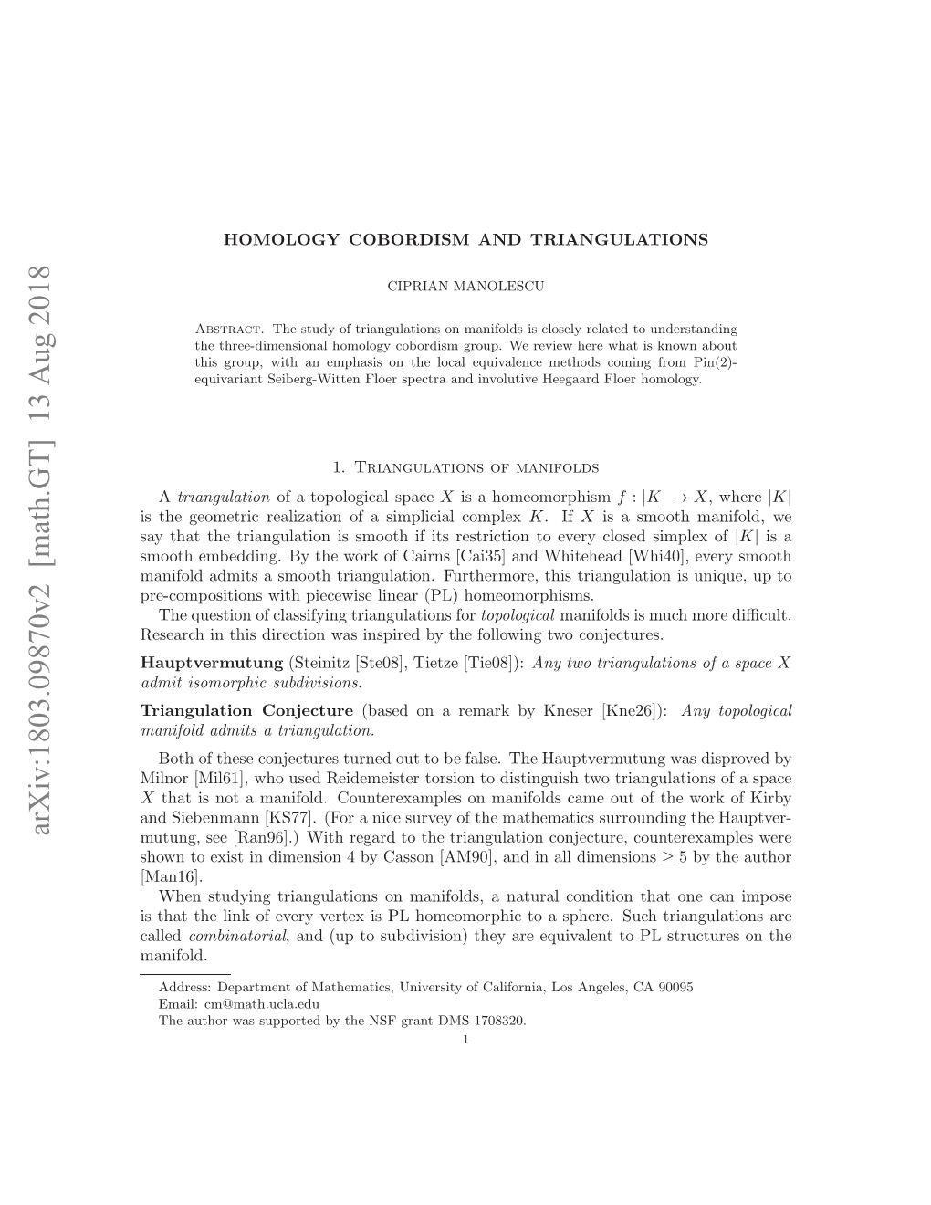 Arxiv:1803.09870V2 [Math.GT] 13 Aug 2018 Sta H Iko Vr Etxi Lhmoopi Oasphere a to Homeomorphic PL Is Manifold