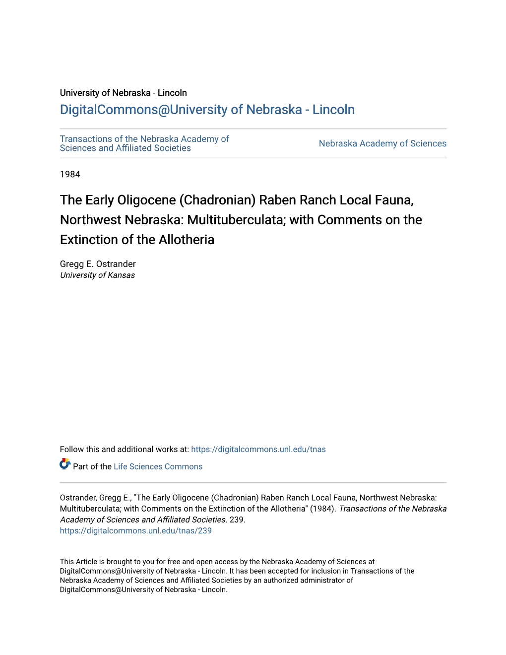 The Early Oligocene (Chadronian) Raben Ranch Local Fauna, Northwest Nebraska: Multituberculata; with Comments on the Extinction of the Allotheria