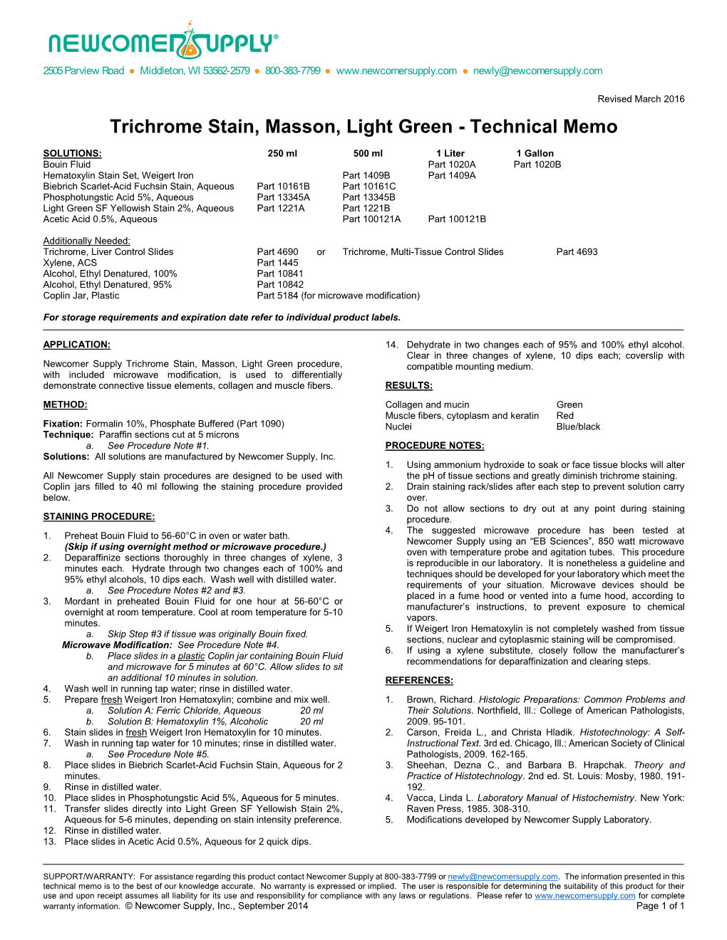 Trichrome Stain, Masson, Light Green Histology Staining Procedure