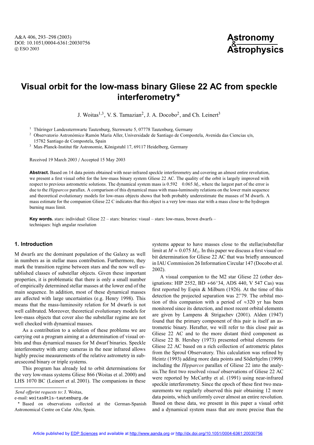 Visual Orbit for the Low-Mass Binary Gliese 22 AC from Speckle Interferometry