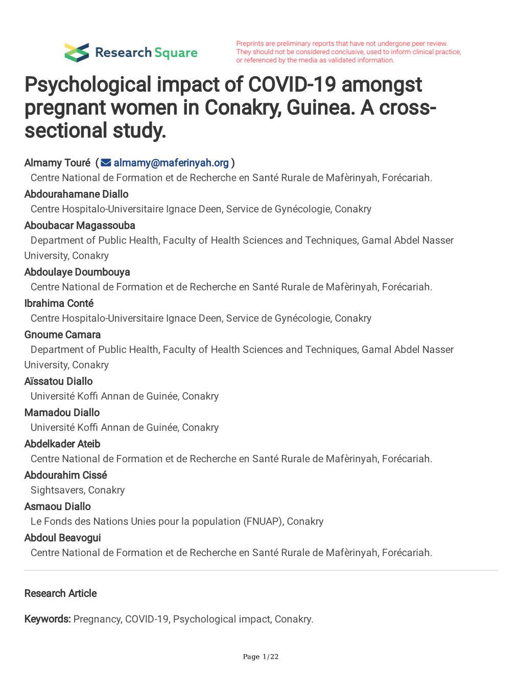 Psychological Impact of COVID-19 Amongst Pregnant Women in Conakry, Guinea