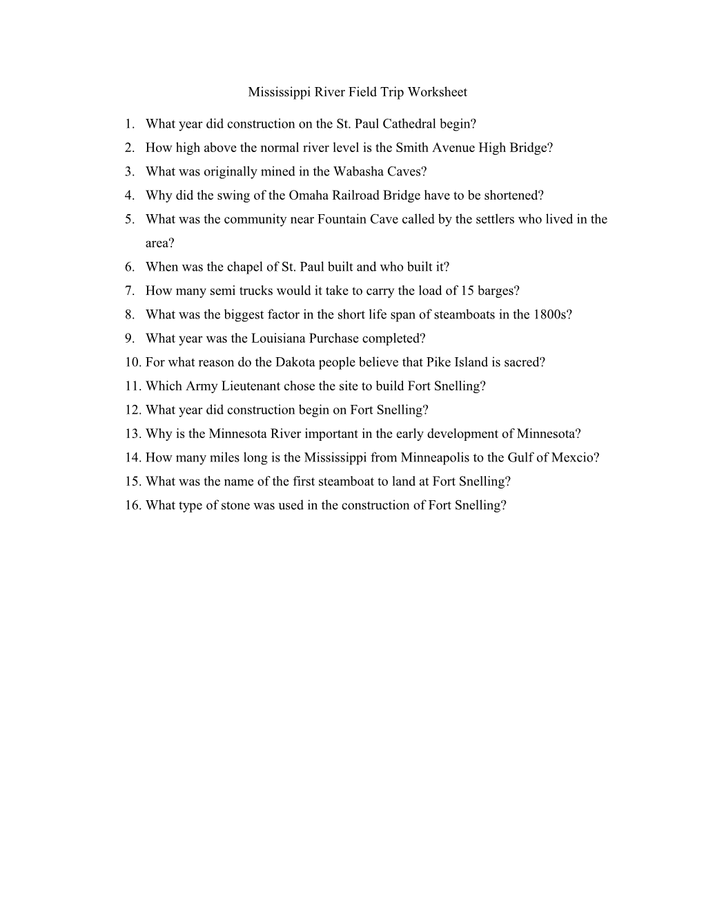 Mississippi River Riverboat Field Trip Worksheet