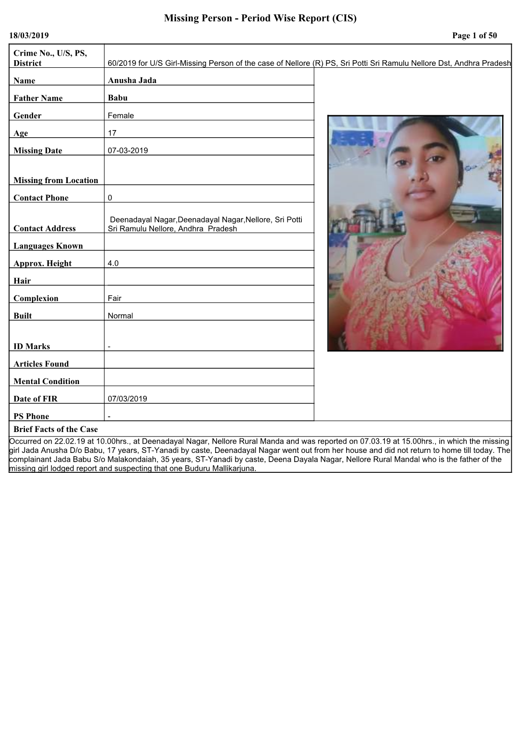 Missing Person - Period Wise Report (CIS) 18/03/2019 Page 1 of 50