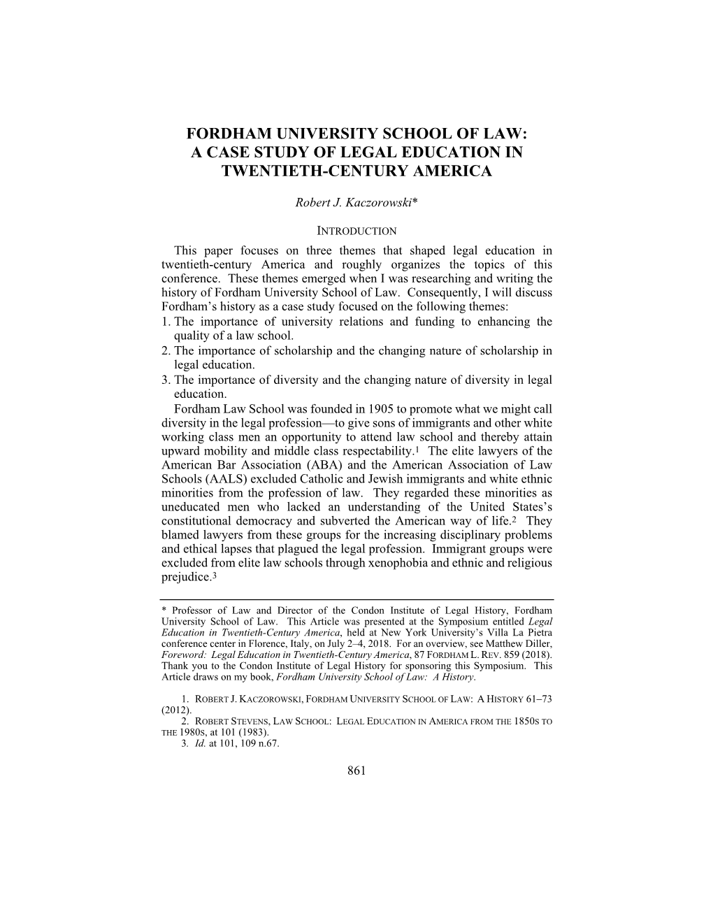 Fordham University School of Law: a Case Study of Legal Education in Twentieth-Century America