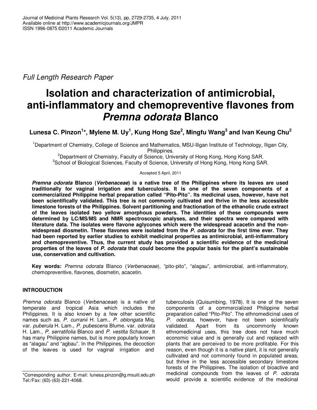 Isolation and Characterization of Antimicrobial, Anti-Inflammatory and Chemopreventive Flavones from Premna Odorata Blanco