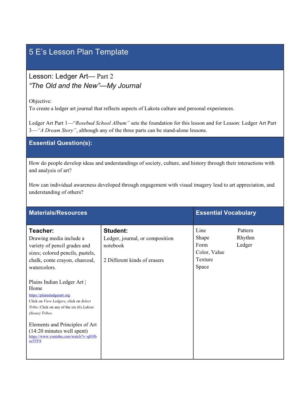 5 E's Lesson Plan Template