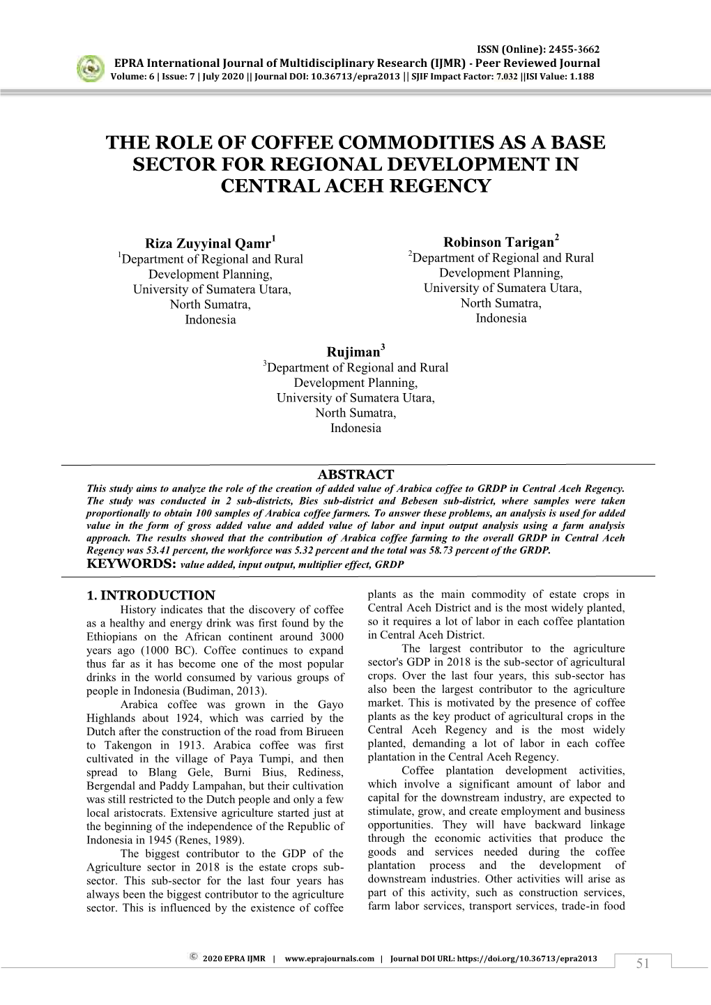 The Role of Coffee Commodities As a Base Sector for Regional Development in Central Aceh Regency