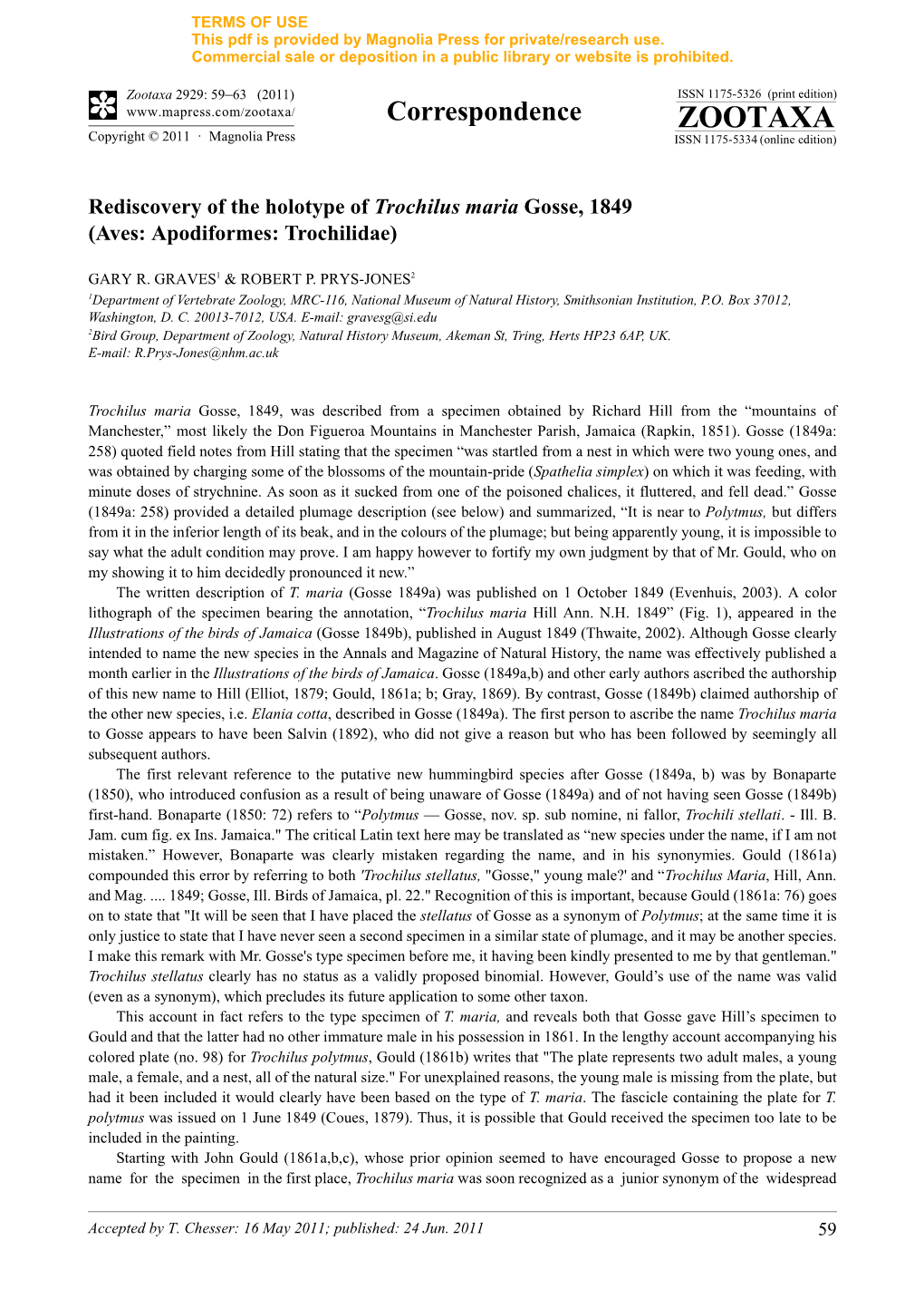 Rediscovery of the Holotype of Trochilus Maria Gosse, 1849 (Aves: Apodiformes: Trochilidae)