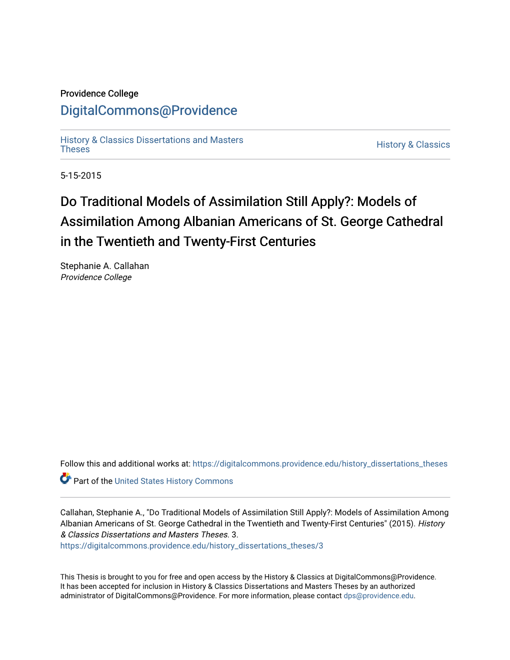 Models of Assimilation Among Albanian Americans of St. George Cathedral in the Twentieth and Twenty-First Centuries