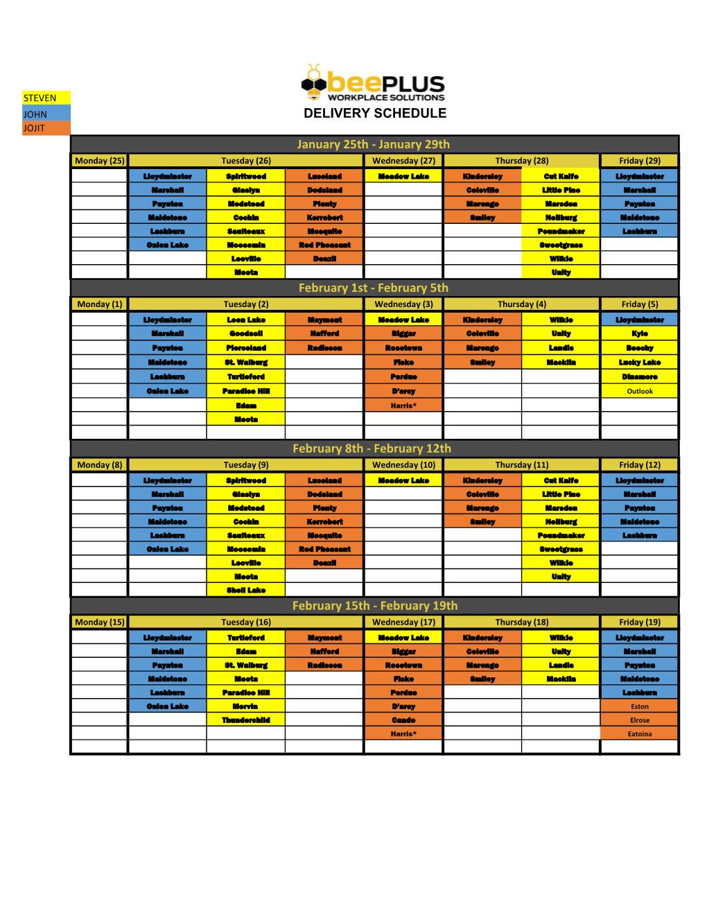 DELIVERY SCHEDULE February