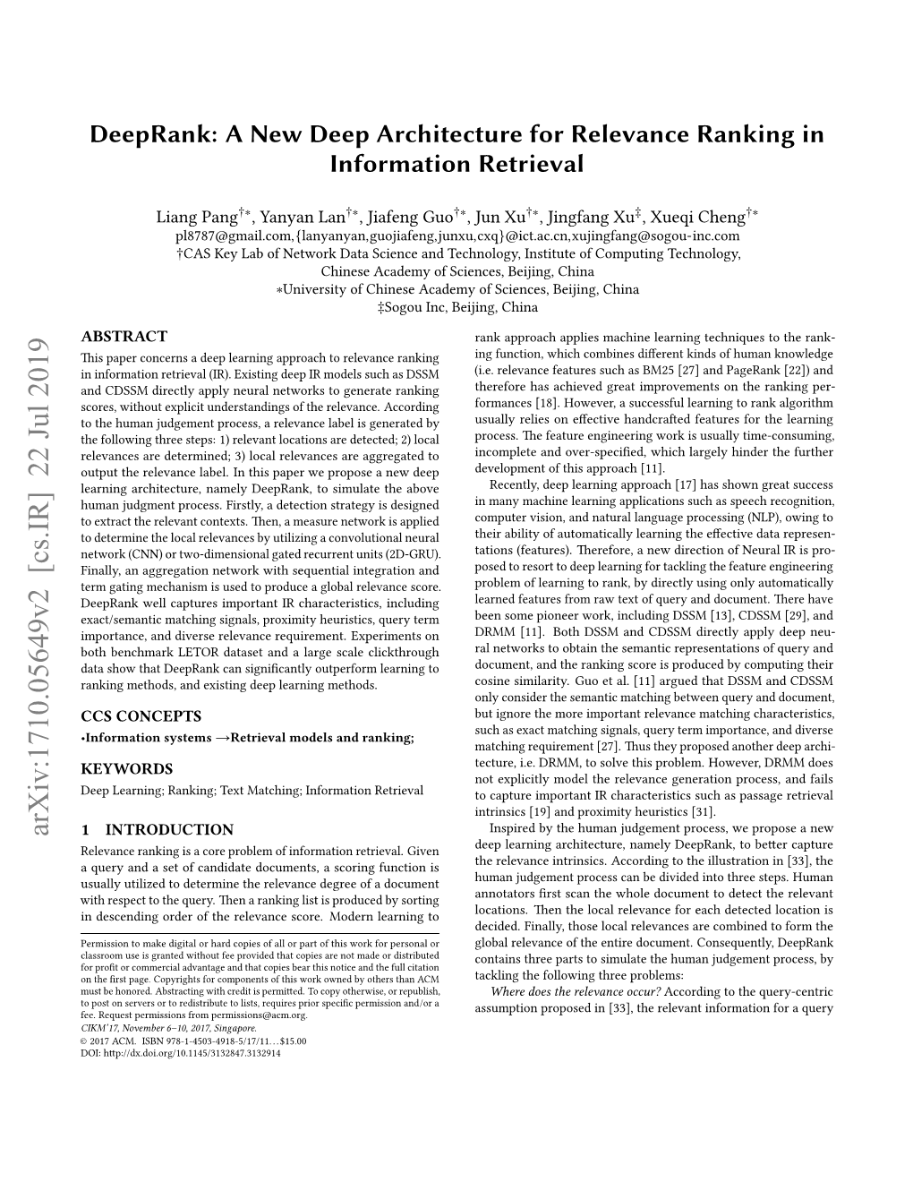 Deeprank: a New Deep Architecture for Relevance Ranking in Information Retrieval
