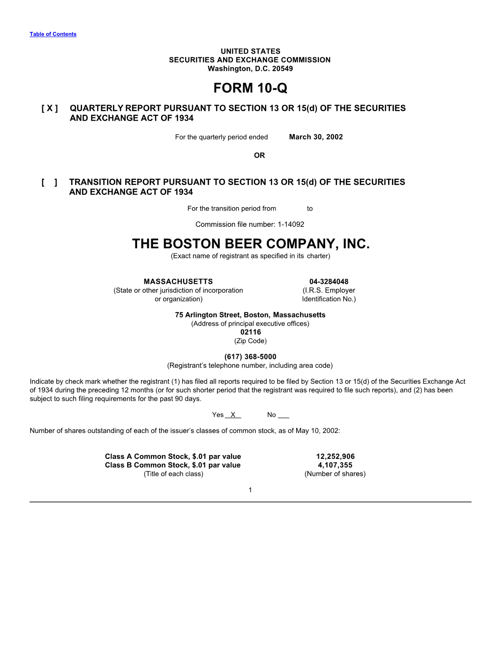 Form 10-Q the Boston Beer Company, Inc