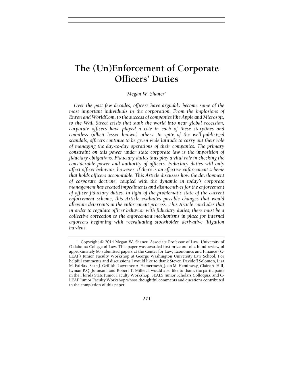 The (Un)Enforcement of Corporate Officers' Duties