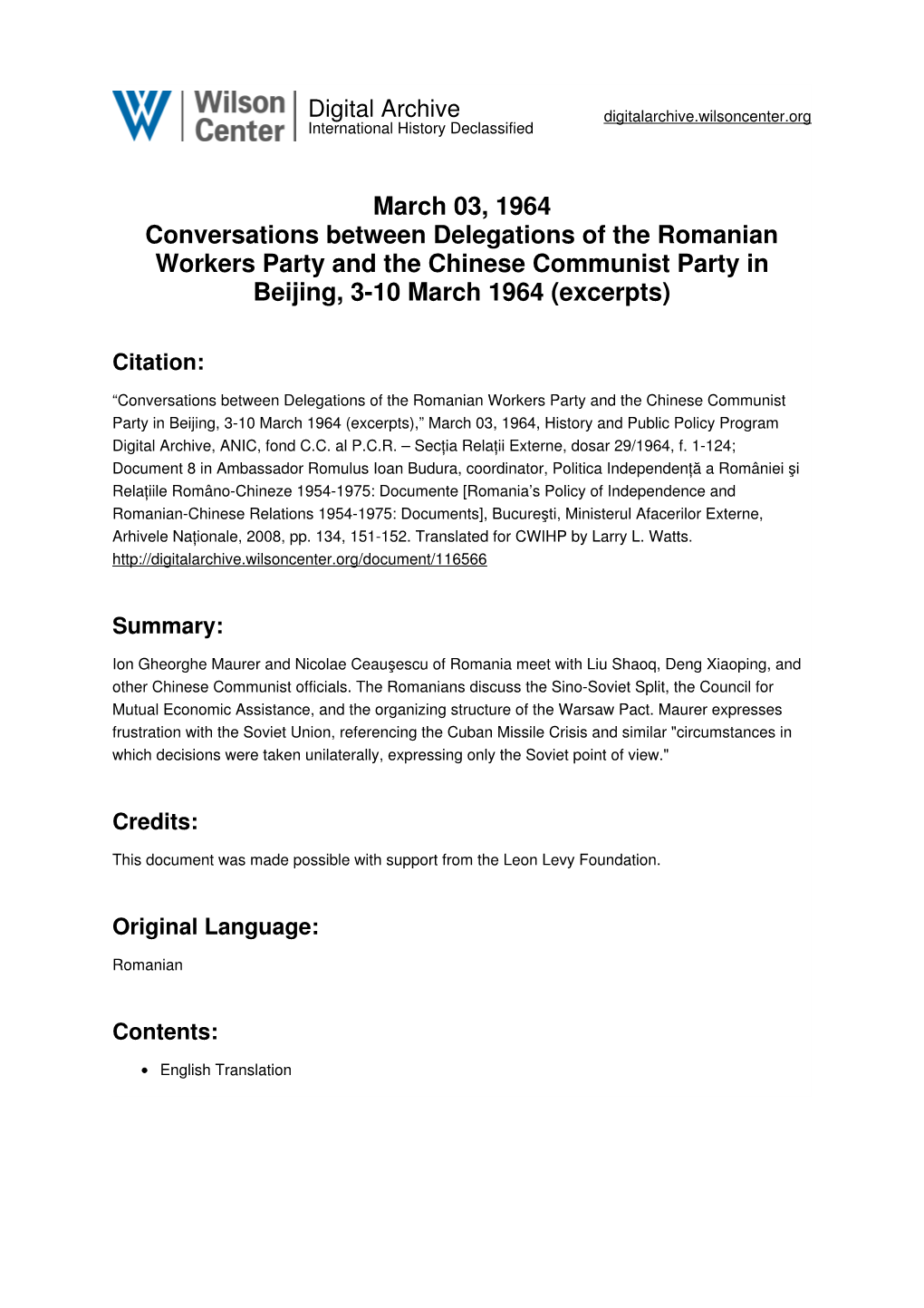 March 03, 1964 Conversations Between Delegations of the Romanian Workers Party and the Chinese Communist Party in Beijing, 3-10 March 1964 (Excerpts)