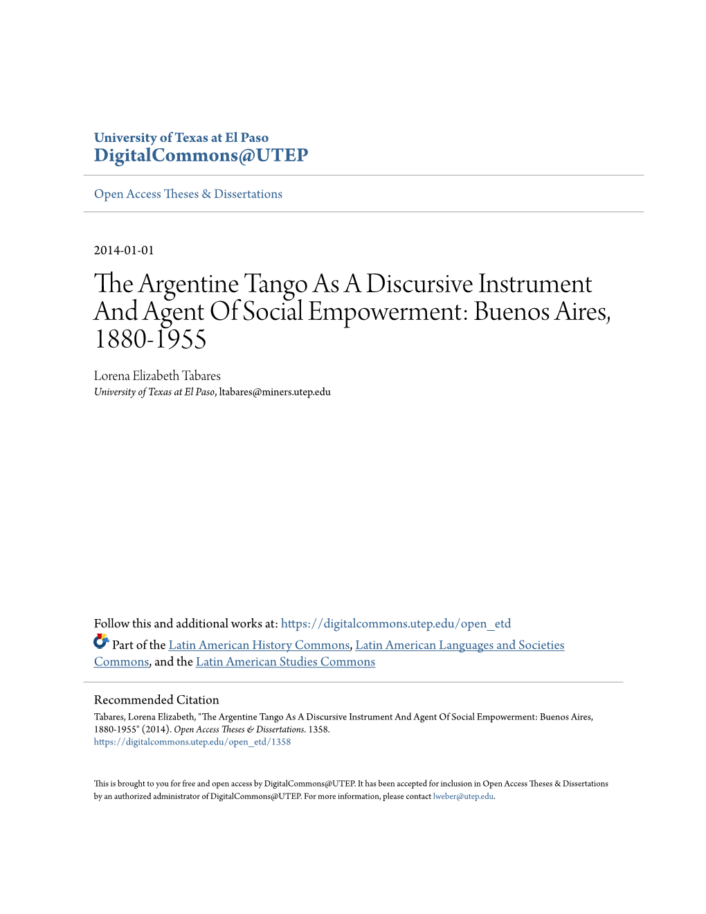 The Argentine Tango As a Discursive Instrument and Agent of Social