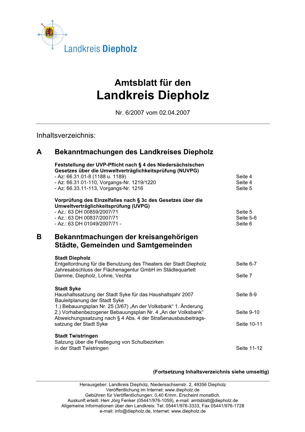 Amtsblatt Für Den Landkreis Diepholz