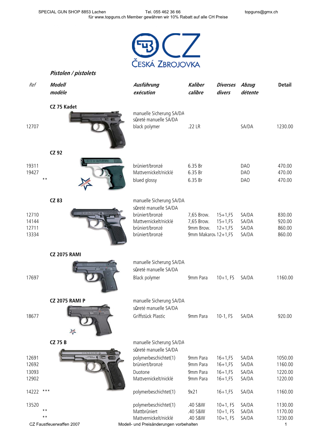 CZ Faustfeuerwaffen 2007 Modell- Und Preisänderungen Vorbehalten 1 SPECIAL GUN SHOP 8853 Lachen Tel